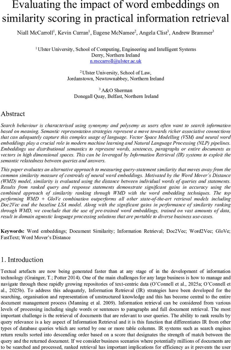 워드 임베딩과 워드 무버 거리 결합이 정보 검색 정확도에 미치는 영향