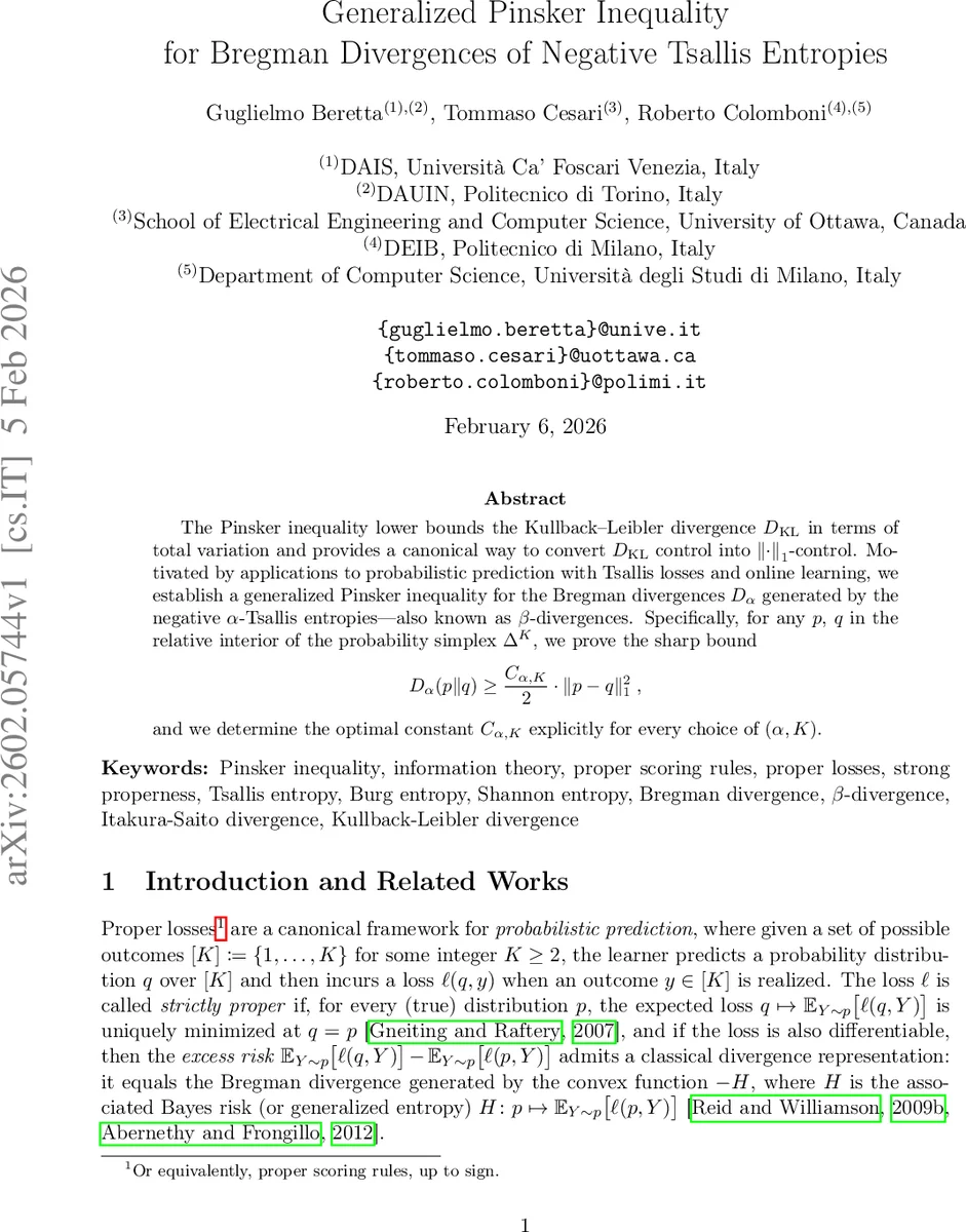 음수 Tsallis 엔트로피에 대한 일반화된 Pinsker 부등식