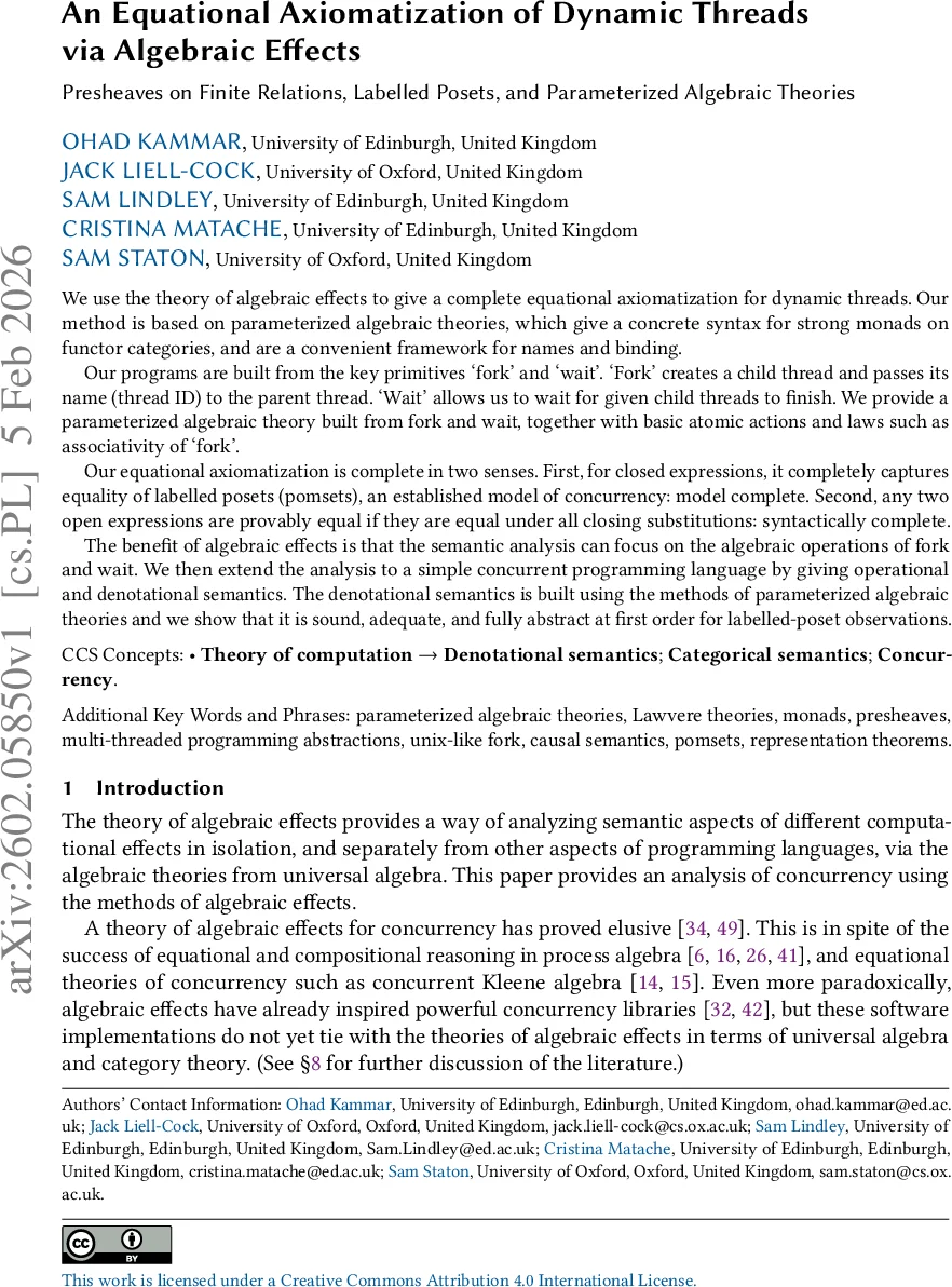 동적 스레드의 방정식적 공리화 파라미터화된 대수 효과와 라벨링된 포솜
