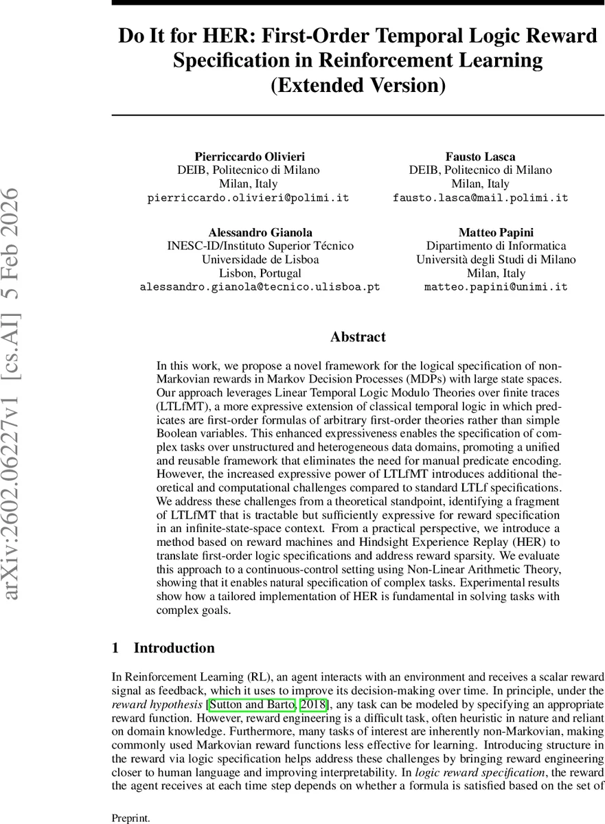 첫 번째 차수 시간 논리 보상 사양과 HER 활용