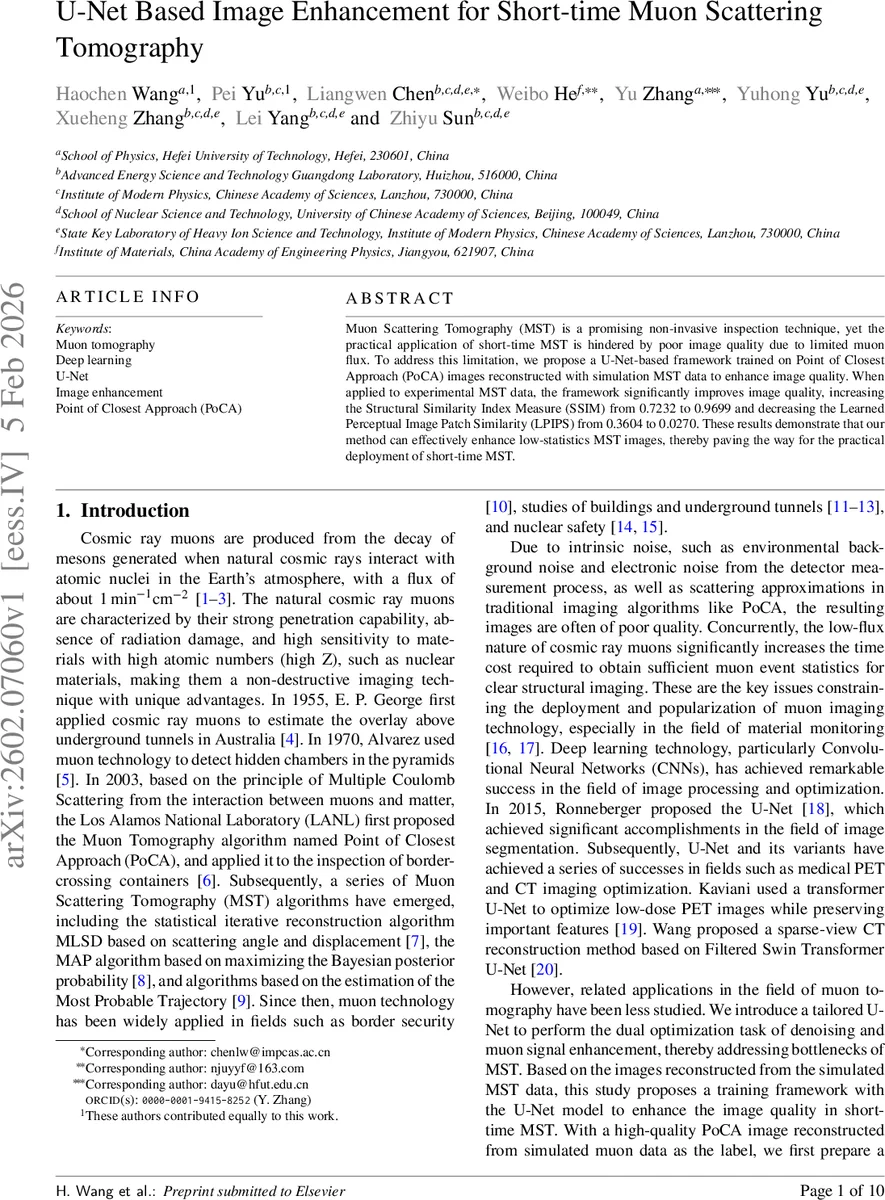 짧은 시간 뮤온 산란 단층촬영을 위한 U‑Net 기반 이미지 향상