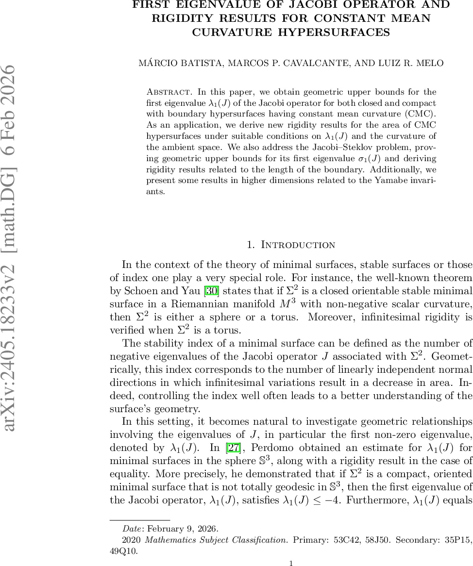 정상곡률 초과면의 첫 번째 Jacobi 고유값과 CMC 초곡면 강직성