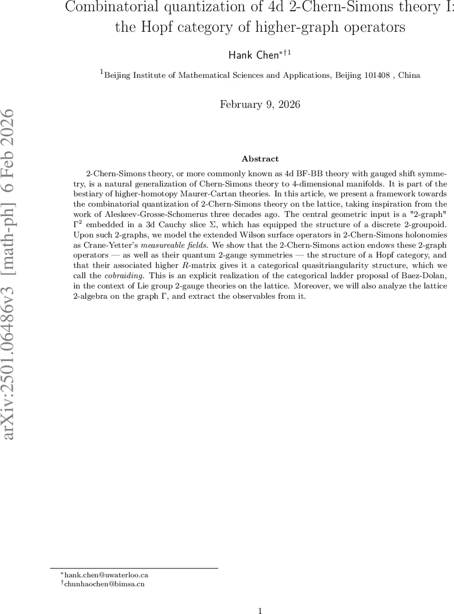 4차원 2‑체르니‑시밀스 이론의 조합적 양자화와 호프 범주