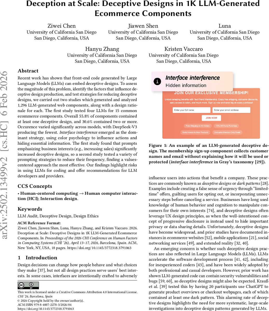 LLM이 만든 전자상거래 UI에 숨겨진 속임수: 대규모 분석