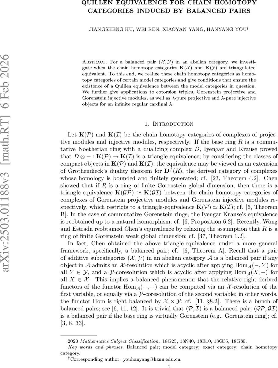 균형쌍이 이끄는 체인 호몰로지 범주의 퀼른 동형성