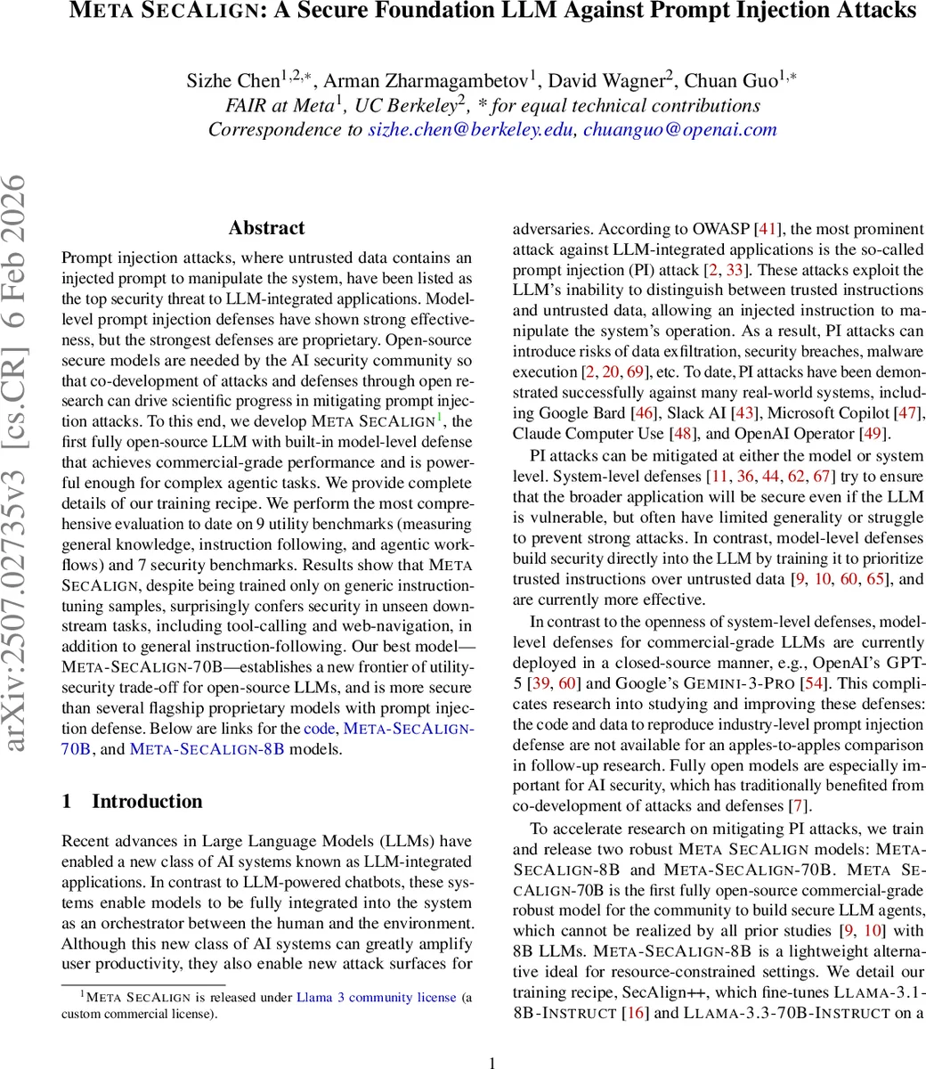 Meta SecAlign: 프롬프트 인젝션 방어를 갖춘 오픈소스 대형 언어 모델
