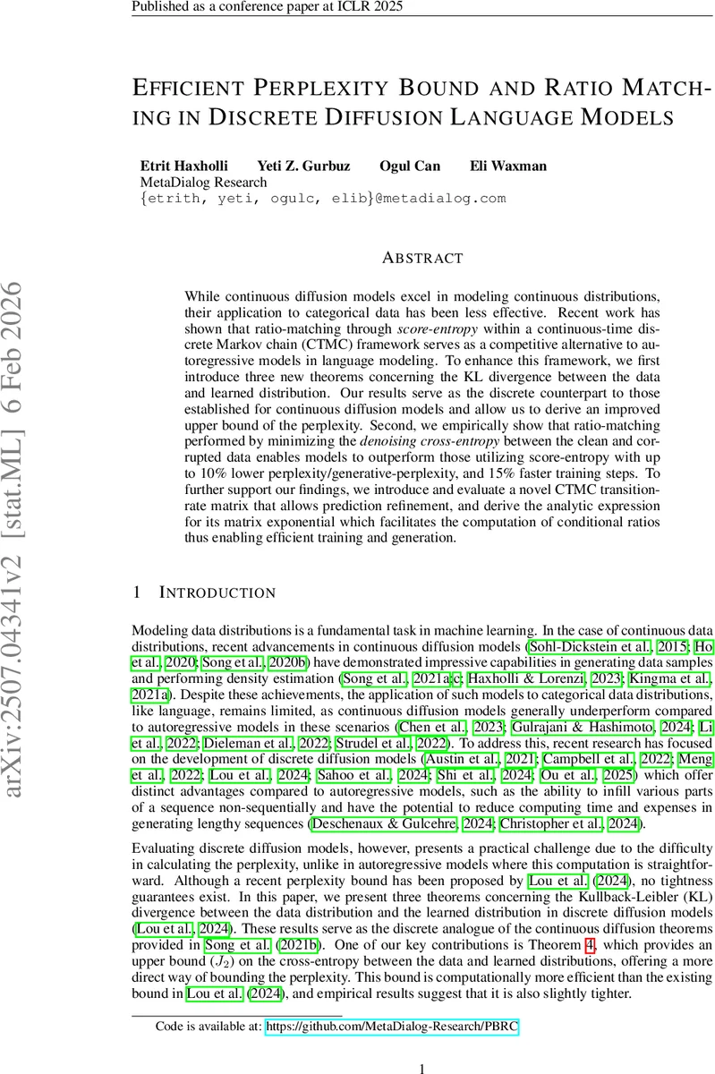 효율적인 퍼플렉시티 경계와 비율 매칭을 통한 이산 확산 언어 모델