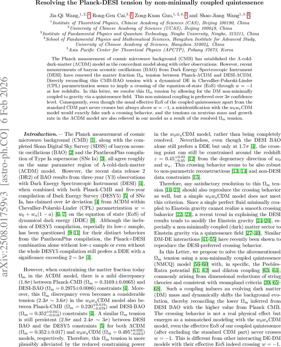 플랑크와 DESI 물질밀도 불일치를 비최소 결합 퀸텀스센스로 해결