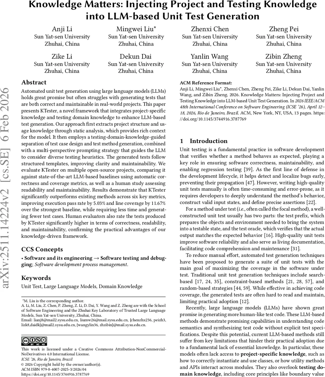 지식 기반 LLM 테스트 생성기 KTester: 프로젝트와 테스트 도메인 지식 융합