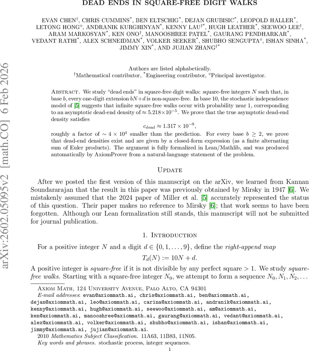 제곱 자유 숫자 걸음의 죽음 지점: 희소성, 일반화 및 자동 증명