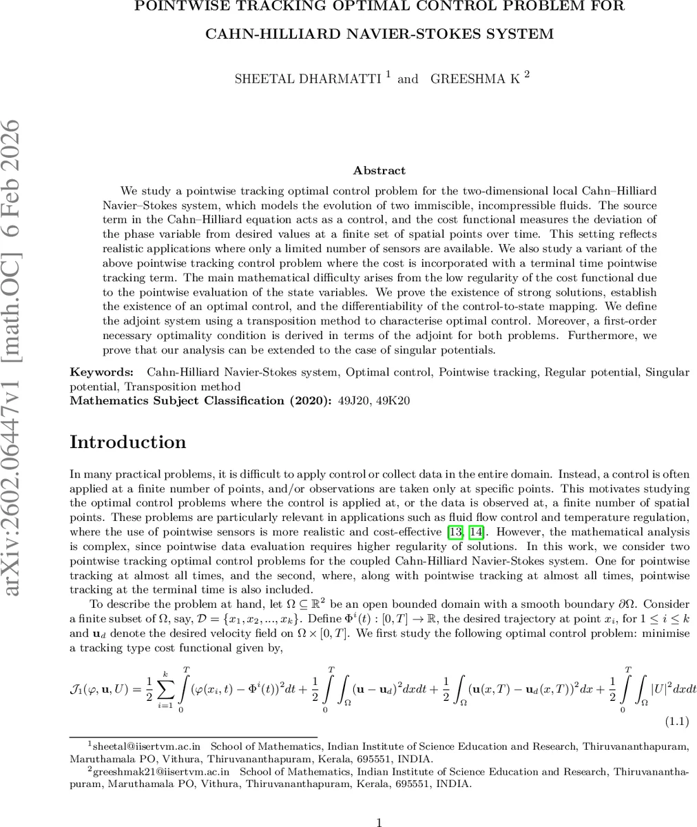 점별 추적 최적 제어와 칸 힐러 나비에 스톡스 시스템
