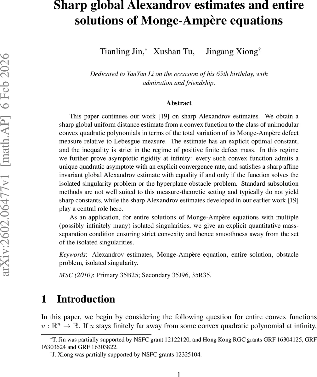 전역 알렉산드로프 추정과 단일형 모노아므페르 방정식 전체 해의 정밀 분석