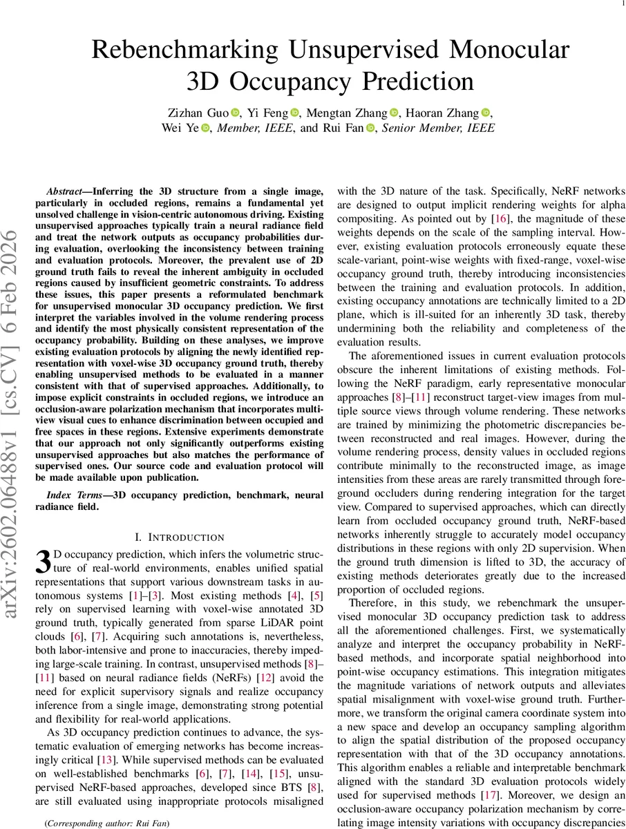단일 이미지 기반 3D 점유 예측 재벤치마크와 가시성 인식 강화