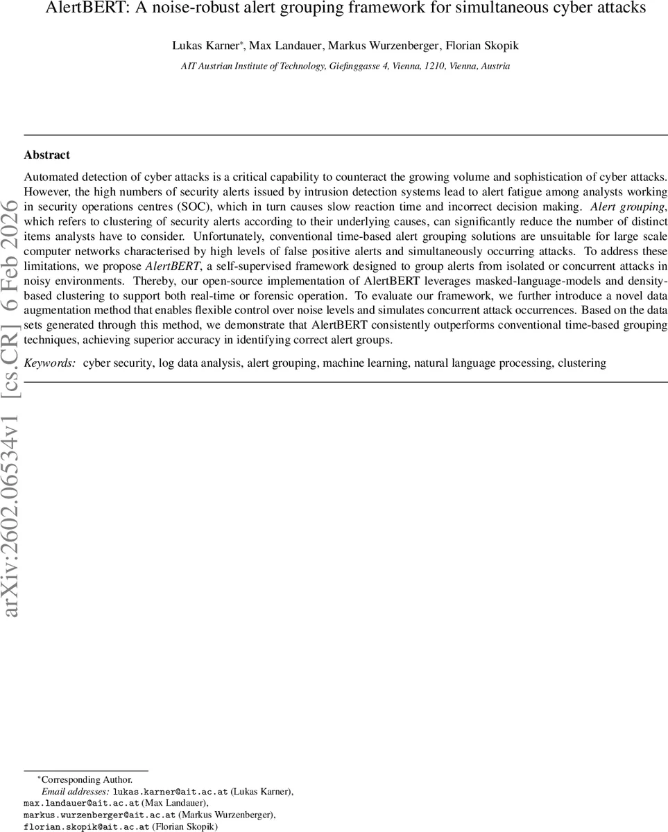 AlertBERT 소음에 강한 동시 사이버 공격 경보 그룹화 프레임워크