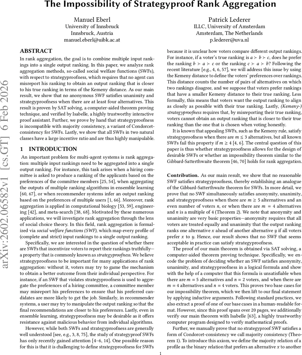 전략적 조작이 불가능한 순위 집계는 존재하지 않는다