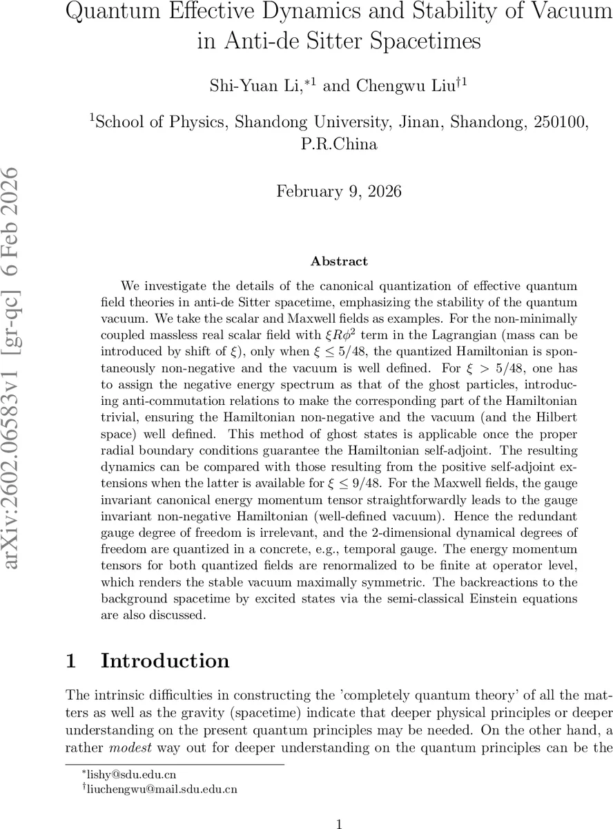 안티데시터 스페이스에서 진공의 양자 효과와 안정성