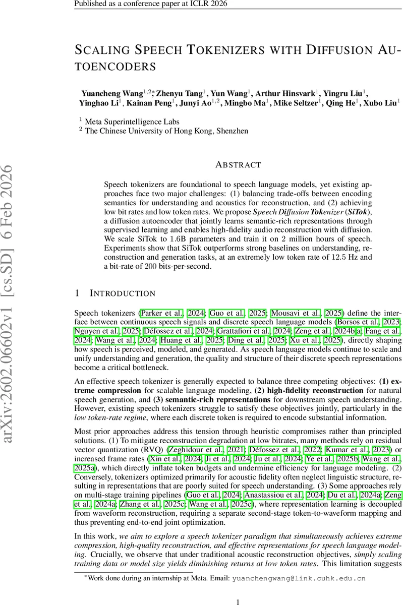 확산 기반 고압축 음성 토크나이저 SiTok