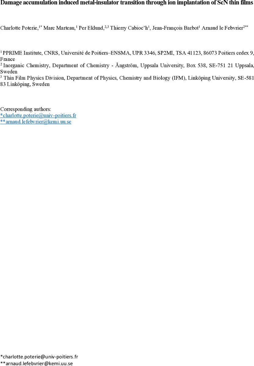이온 주입에 의한 손상 누적이 스칸듐 나이트라이드 박막의 금속‑절연 전이와 전도 메커니즘을 제어한다