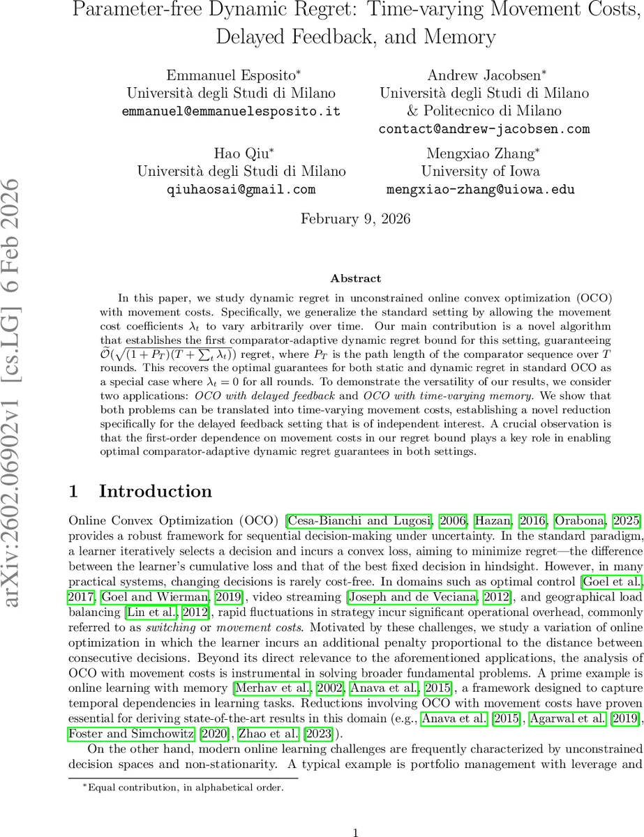 시간변동 이동비용을 고려한 파라미터‑프리 동적 후회 최소화와 지연·메모리 확장