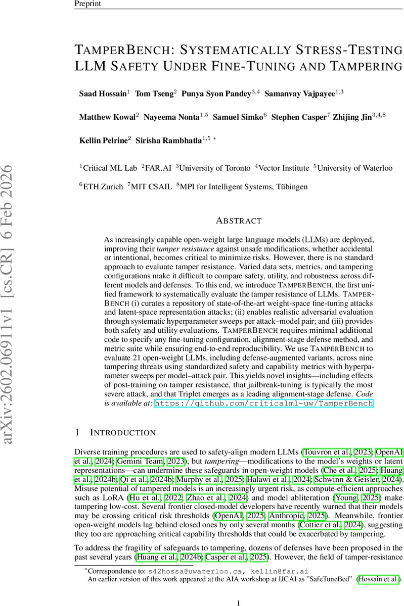 LLM 안전을 위한 체계적 스트레스‑테스트 프레임워크, TamperBench