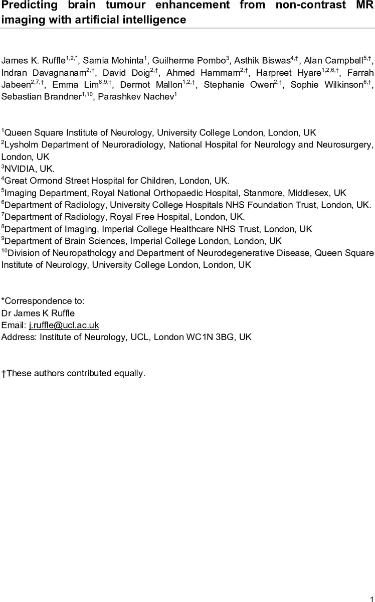 비조영 MRI만으로 뇌종양 강화 예측하는 인공지능 모델