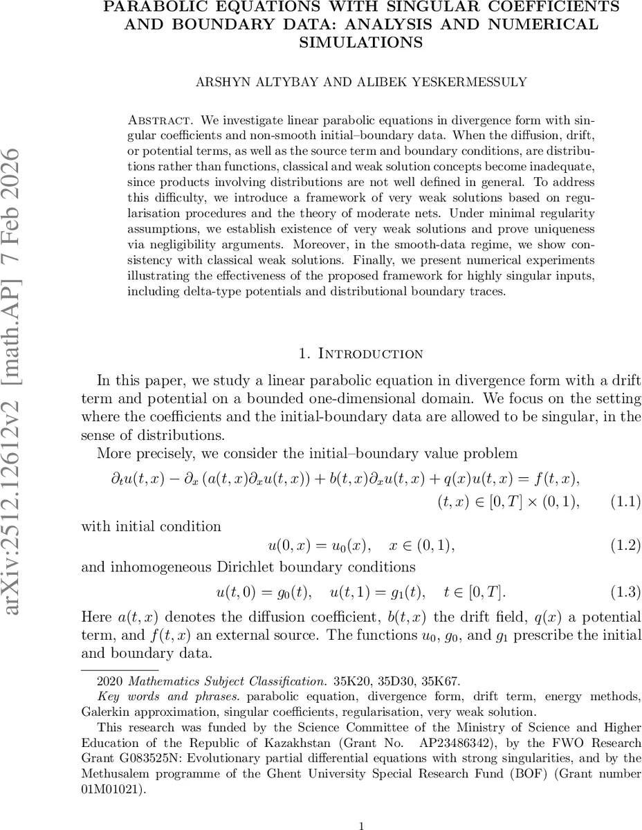 특이계수와 경계데이터를 갖는 파라볼릭 방정식의 매우 약해 해와 수치 시뮬레이션