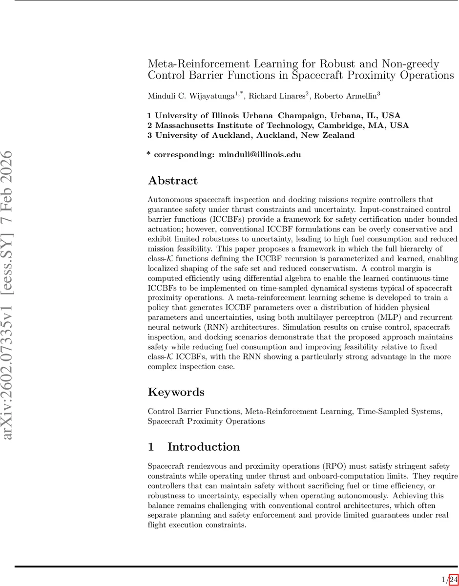 우주 근접 작전을 위한 메타강화학습 기반 적응형 입력제약 제어배리어 함수