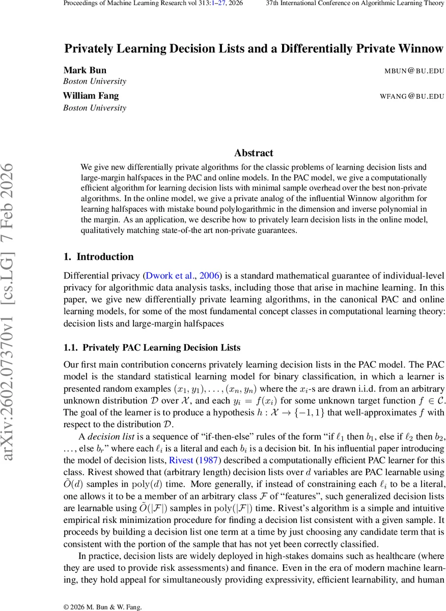 프라이버시 보장 결정 리스트와 차분 프라이빗 위노우 학습