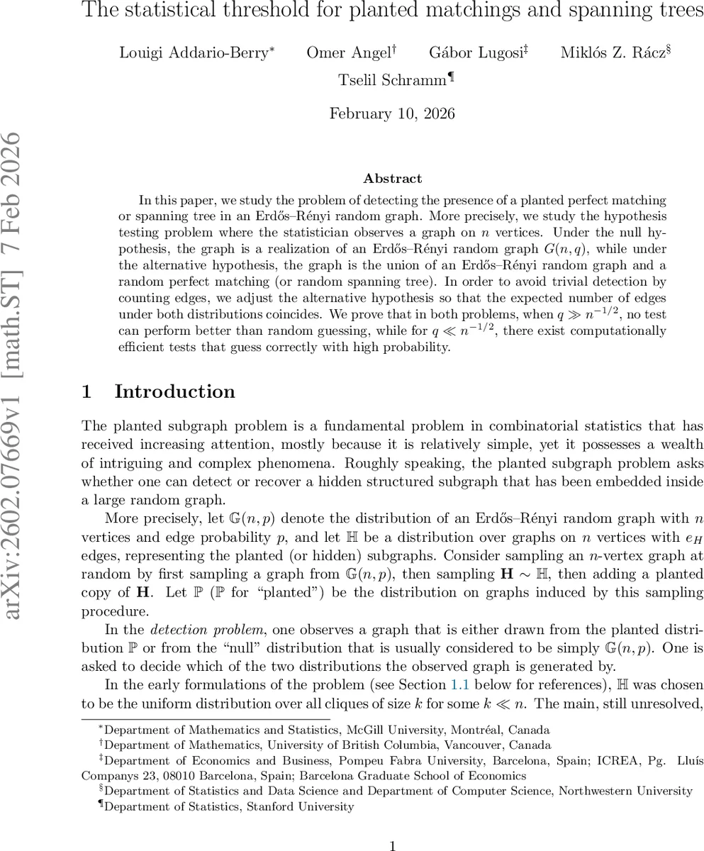 플랜티드 매칭·스패닝 트리 탐지의 통계적 한계와 효율적 알고리즘