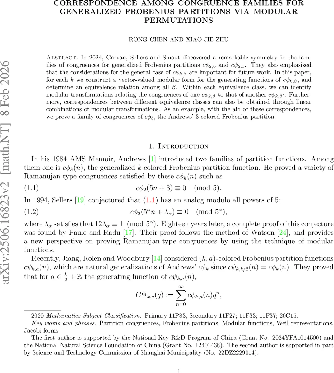 일반화된 프뢰베니우스 파티션의 합동 패밀리와 모듈라 변환의 새로운 대응 관계