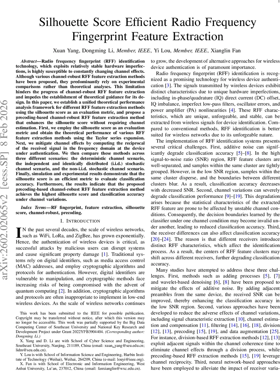 채널 강인 라디오 주파수 지문 특징 추출을 위한 실루엣 점수 기반 이론적 프레임워크와 프리코딩 기법
