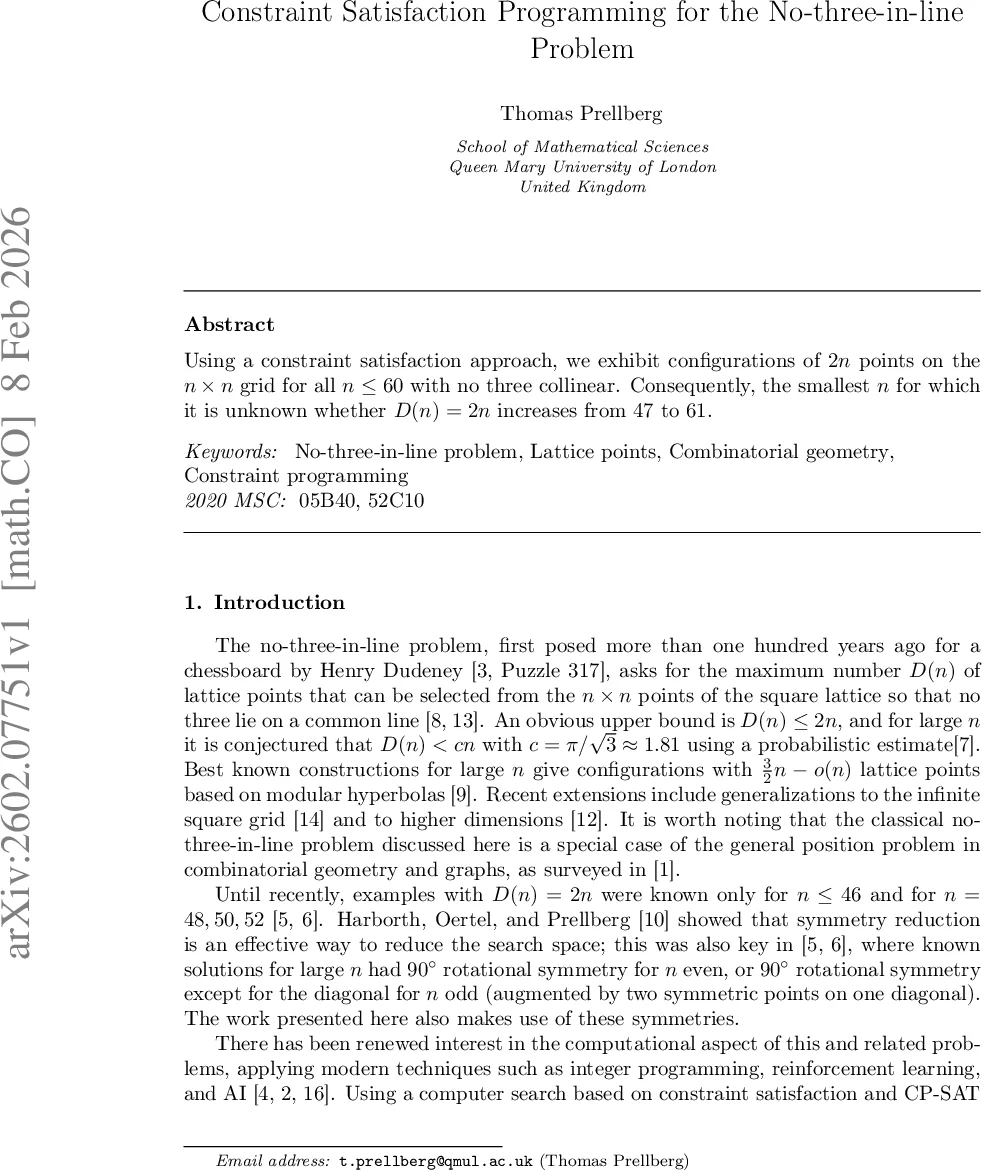 제한 만족 프로그래밍으로 푼 ‘세 점 일직선 금지’ 문제, n 60까지 해답 확보