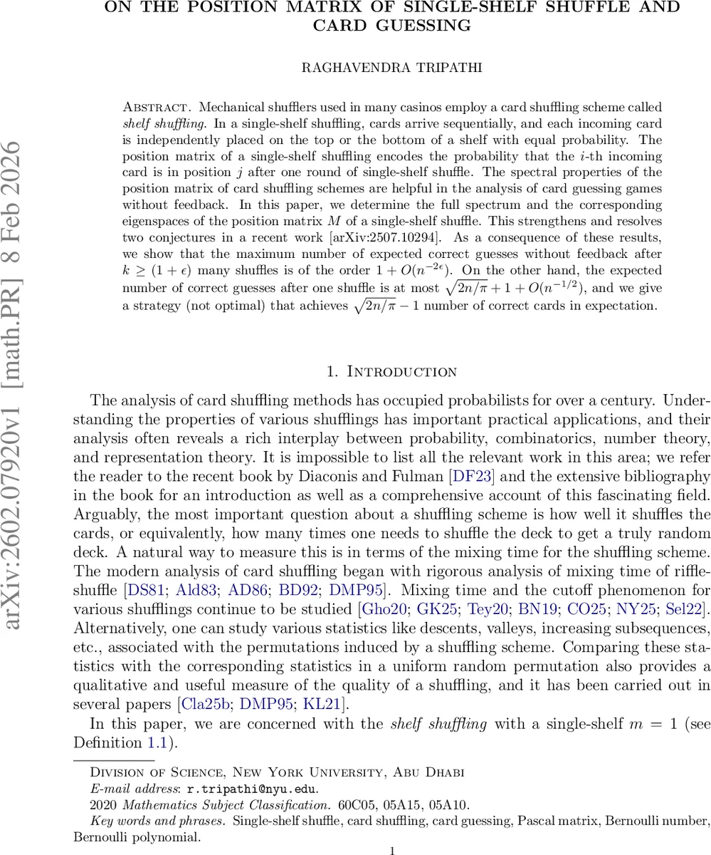 단일 선반 셔플의 위치 행렬 스펙트럼과 카드 추측 최적화