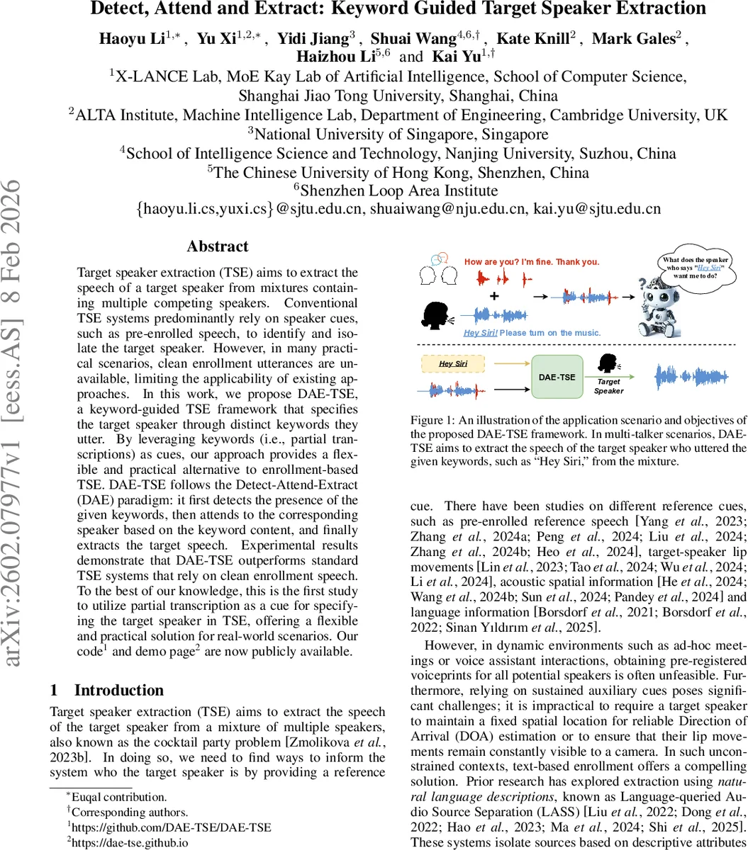 키워드 기반 목표 화자 추출 탐지‑주의‑추출 프레임워크