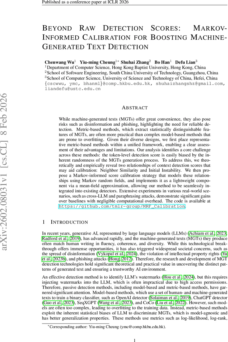 기계 생성 텍스트 탐지를 위한 마코프 기반 점수 보정 기법