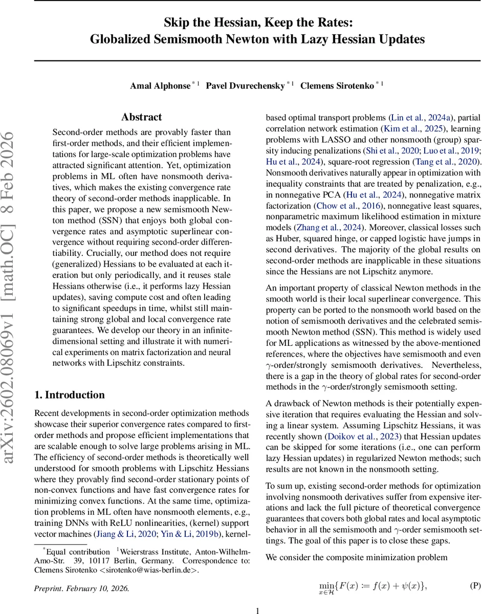 헷시안을 건너뛰고 속도는 유지한다: 전역화된 반매끄러운 뉴턴과 지연 헤시안 업데이트