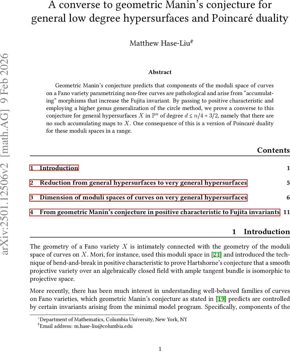 저차 저차원 초곡면에 대한 기하학적 마닌 추측의 역과 포인카레 이중성