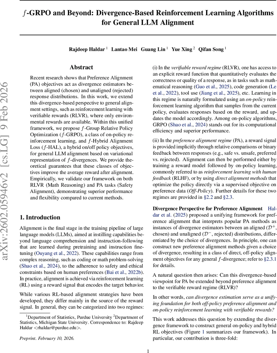 fGRPO와 fHAL LLM 정렬을 위한 발산 기반 강화학습