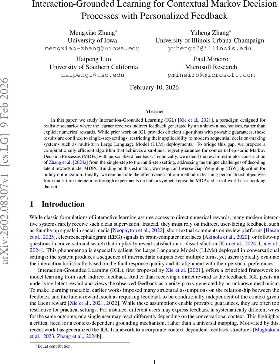 다중 단계 상황 마코프 의사결정 과정에서 개인화 피드백을 이용한 상호작용 기반 학습