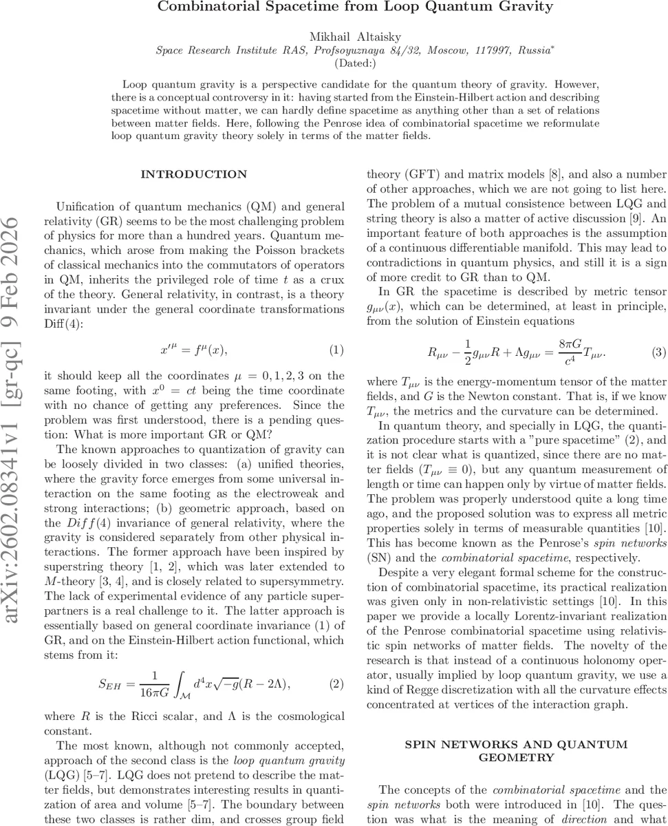 루프 양자 중력을 물질 기반 조합 시공간으로 재구성