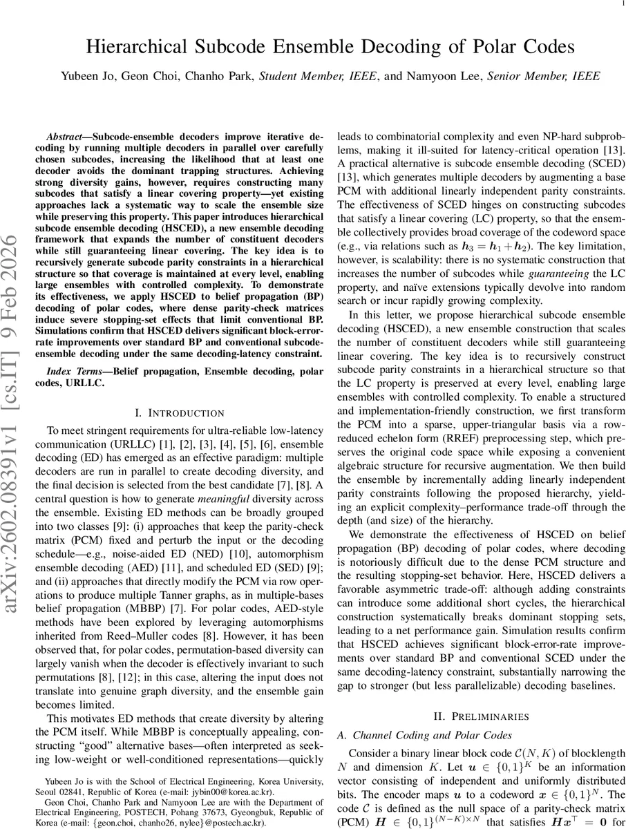 계층형 서브코드 앙상블 디코딩으로 극대화된 폴라 코드 BP 성능