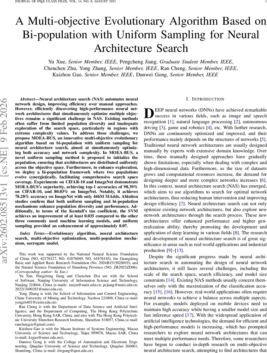 균일 샘플링과 이중 인구 기반 다목적 진화 알고리즘을 활용한 신경망 구조 탐색
