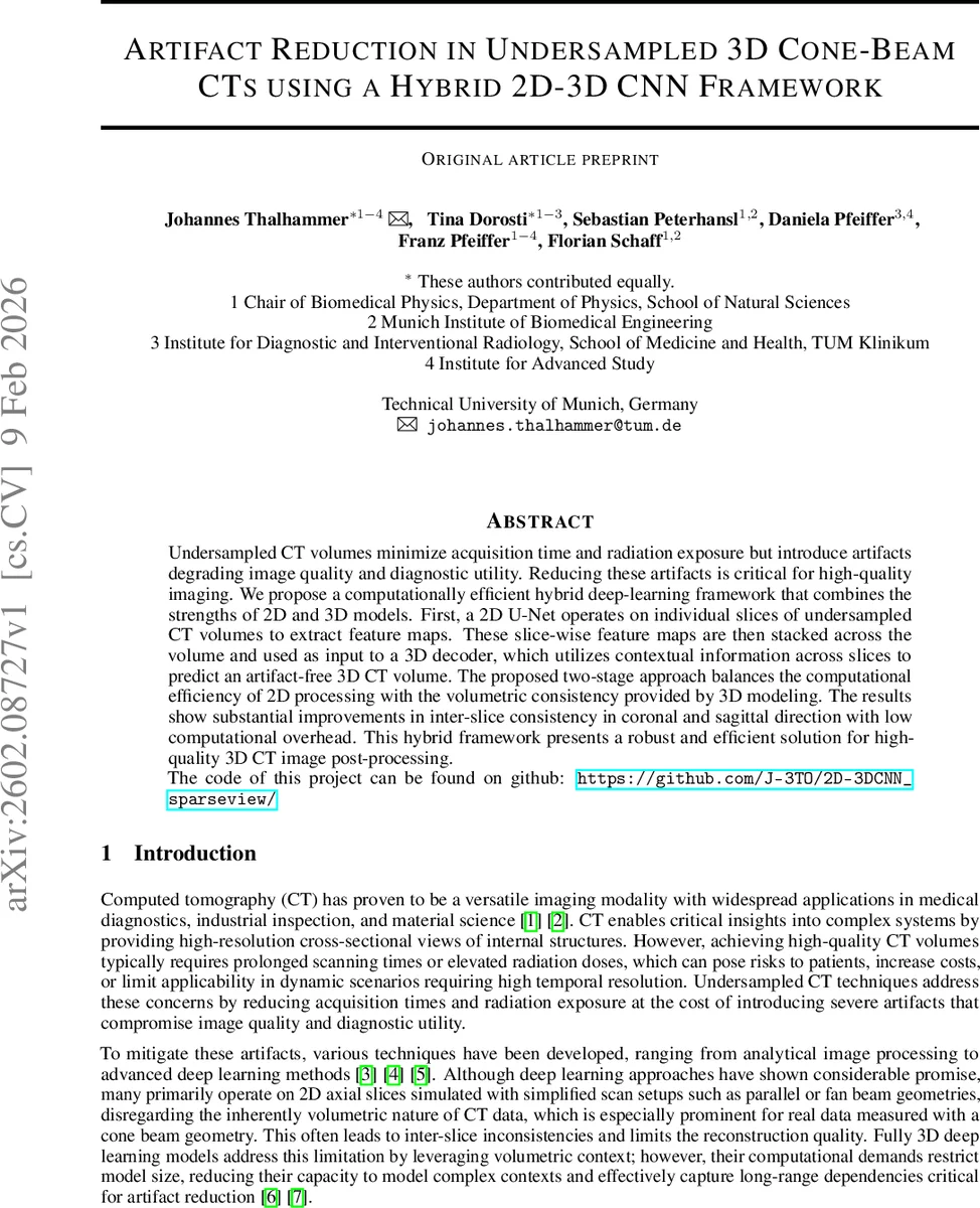하이브리드 2D‑3D CNN으로 저샘플링 콘빔 CT 아티팩트 제거