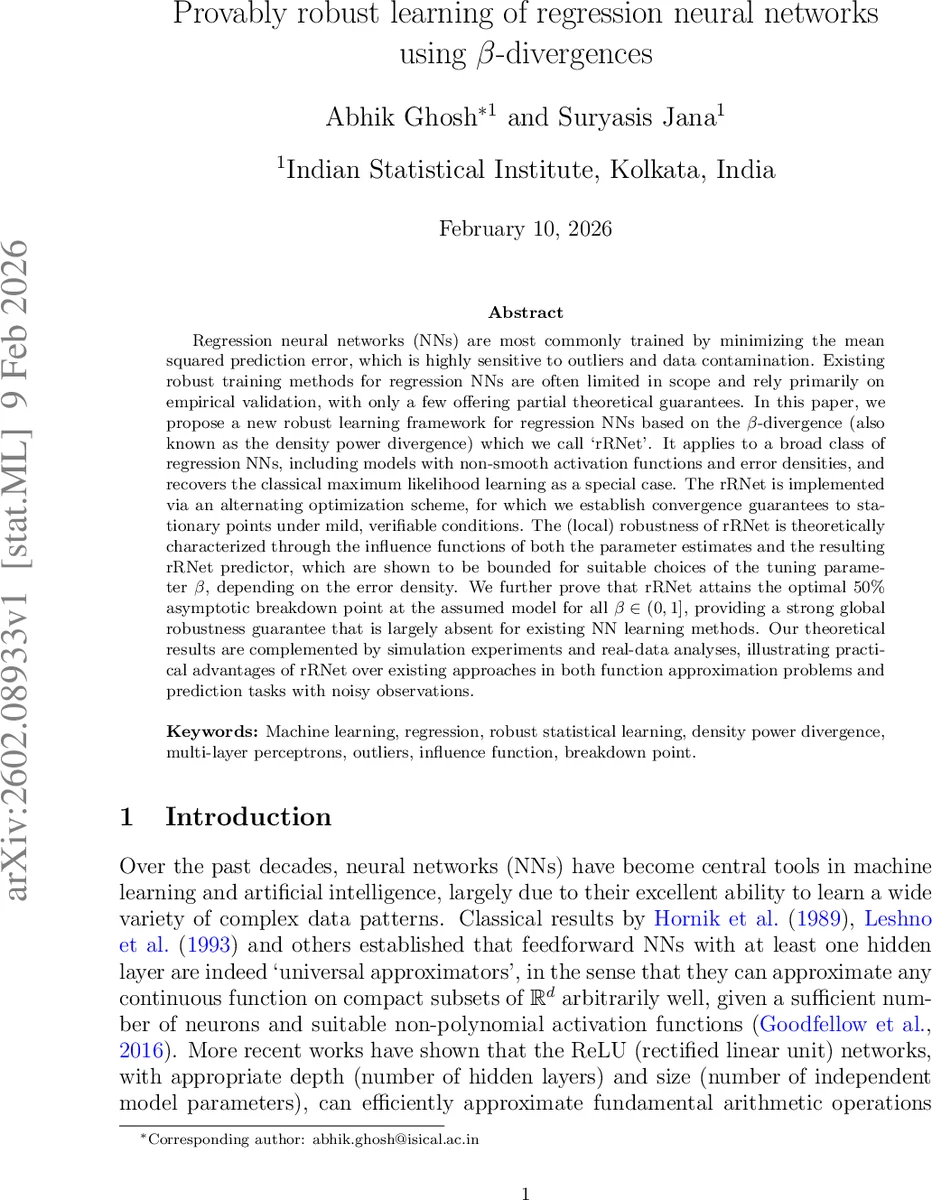 베타다이버전스를 이용한 회귀 신경망 강건 학습