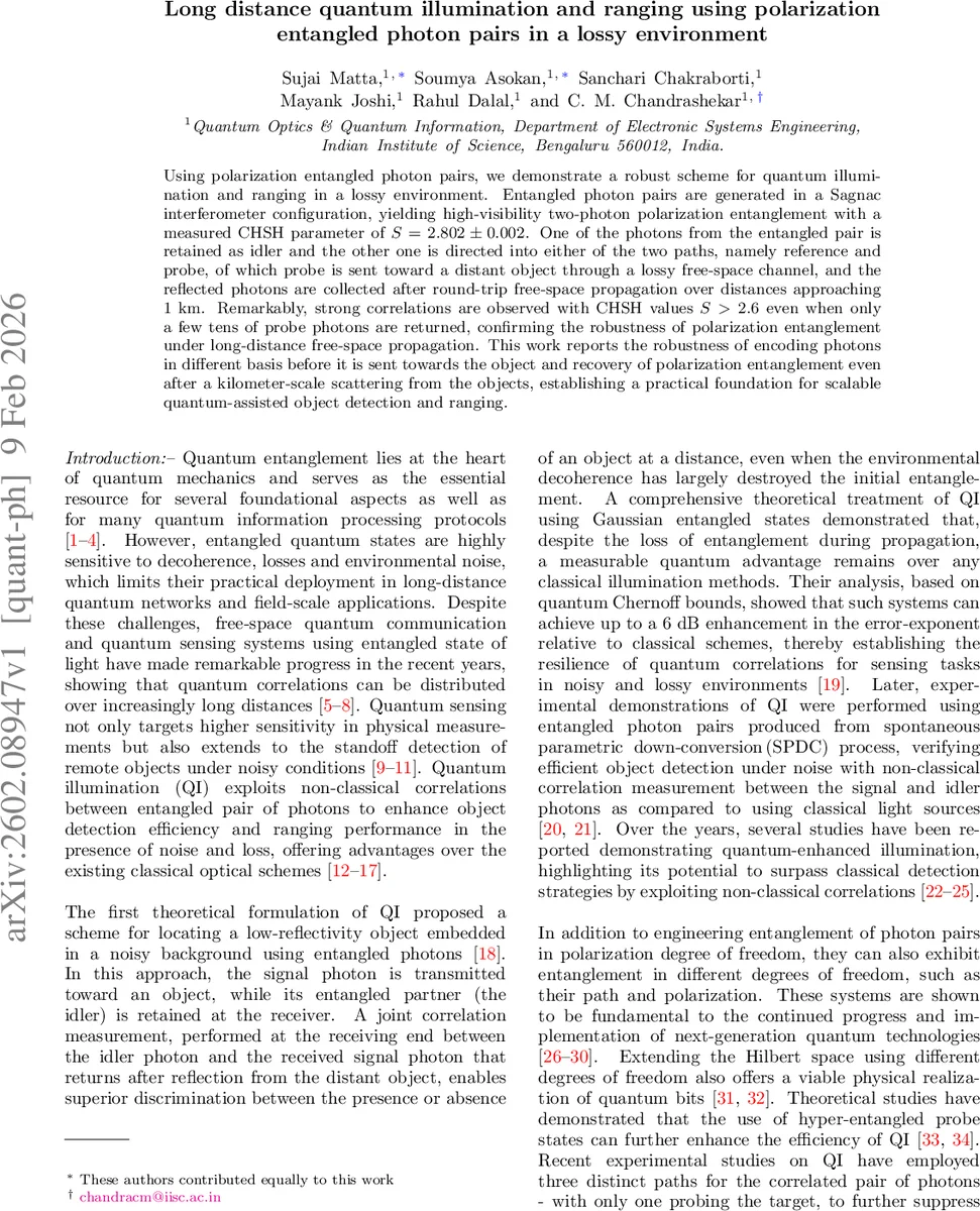 장거리 자유공간 양자조명: 편광 얽힌 광자쌍으로 1km 탐지와 거리측정 구현