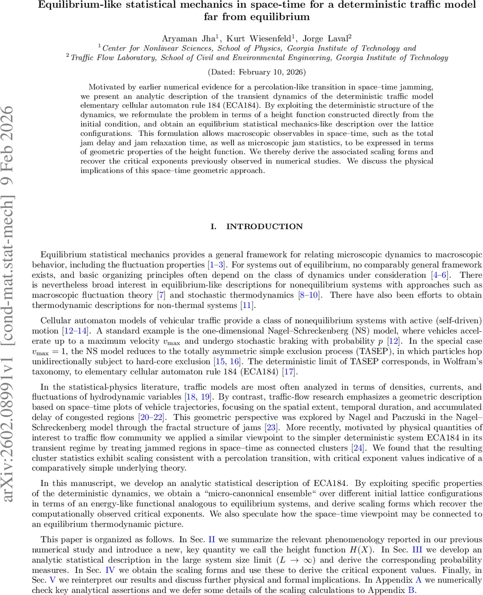 공간시간 통계역학으로 보는 결정론적 교통 모델 전이 현상