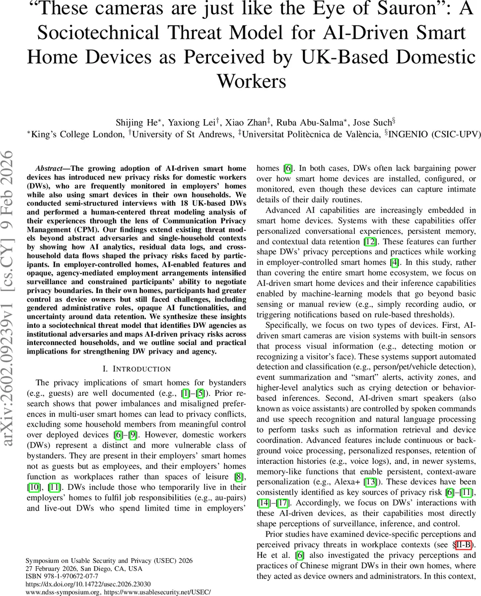 스마트 홈 감시, 사우론의 눈을 닮다 영국 가사노동자를 위한 사회기술 위협 모델