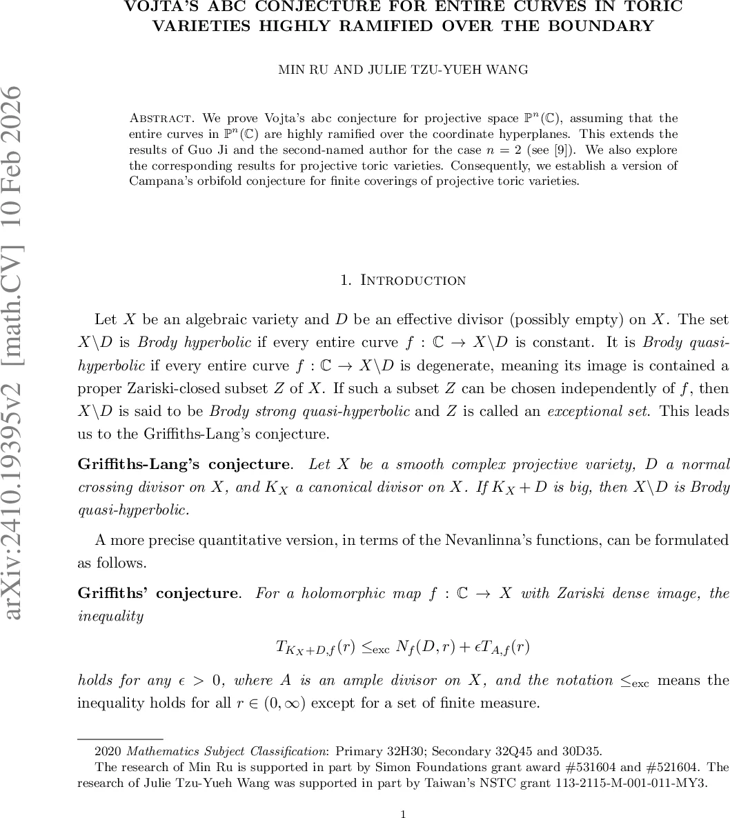 고차원 토릭 다양체에서 고분기곡선의 Vojta abc 추측 및 캠파나 궤도 추측 증명