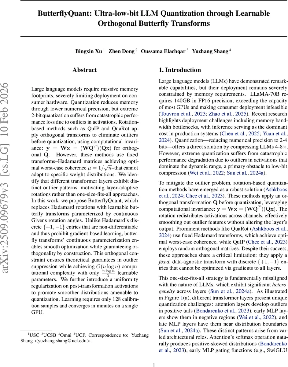 초저비트 LLM 양자화를 위한 학습 가능한 버터플라이 변환