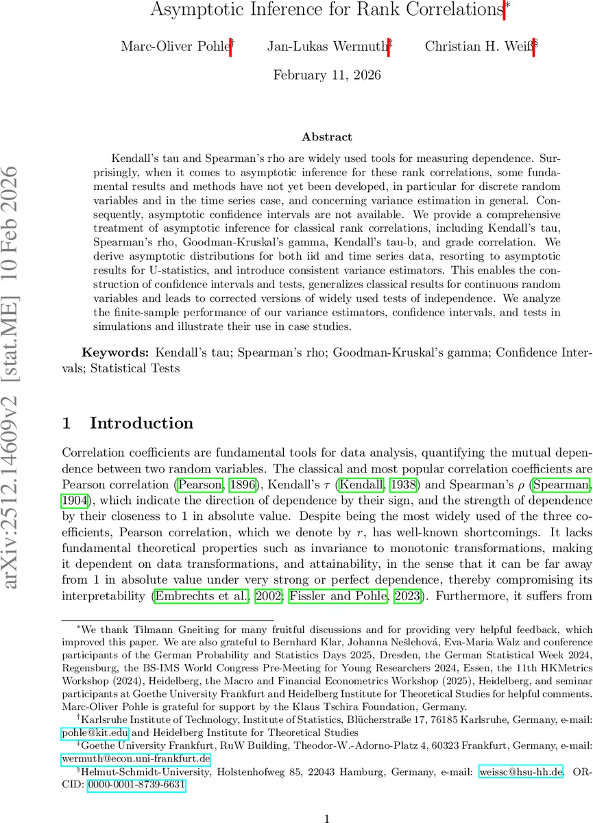 순위 상관계수의 점근적 추론 이산형 및 시계열 데이터에 대한 완전한 해법